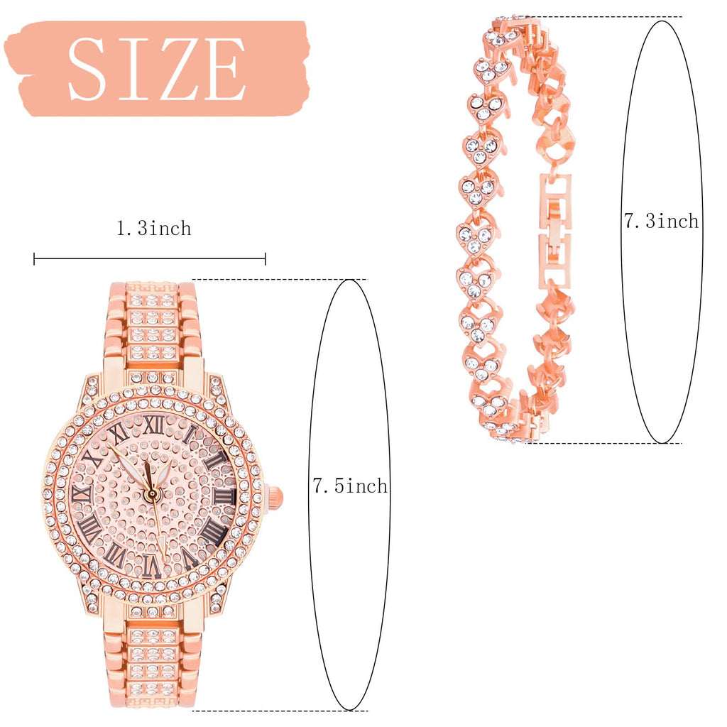 NEWITIN 2 Pieces Women Diamond Watch Bracelet Set Luxury Fashion Jewelry Cubic Zirconia Wristwatch Bracelet Gold Watch Jewelry Set for Women