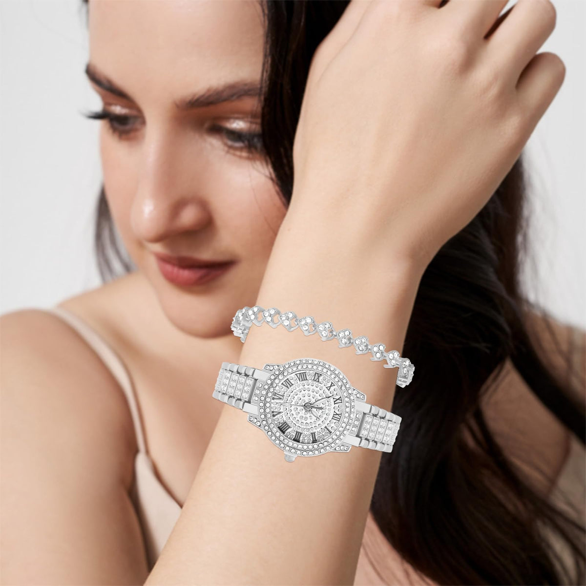 NEWITIN 2 Pieces Women Diamond Watch Bracelet Set Luxury Fashion Jewelry Cubic Zirconia Wristwatch Bracelet Gold Watch Jewelry Set for Women