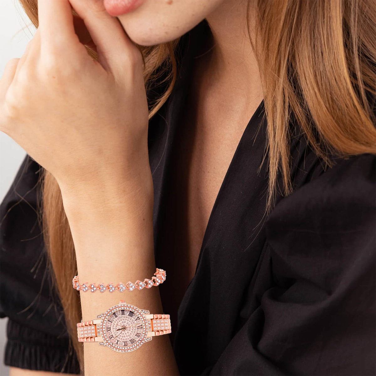 NEWITIN 2 Pieces Women Diamond Watch Bracelet Set Luxury Fashion Jewelry Cubic Zirconia Wristwatch Bracelet Gold Watch Jewelry Set for Women