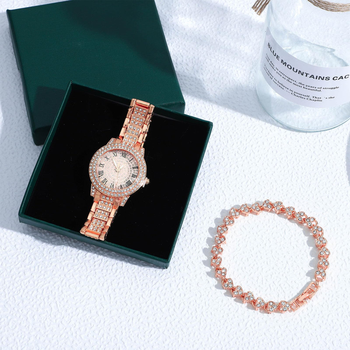 NEWITIN 2 Pieces Women Diamond Watch Bracelet Set Luxury Fashion Jewelry Cubic Zirconia Wristwatch Bracelet Gold Watch Jewelry Set for Women