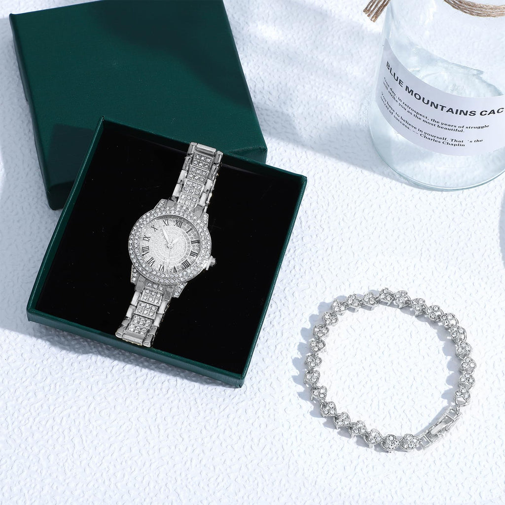 NEWITIN 2 Pieces Women Diamond Watch Bracelet Set Luxury Fashion Jewelry Cubic Zirconia Wristwatch Bracelet Gold Watch Jewelry Set for Women
