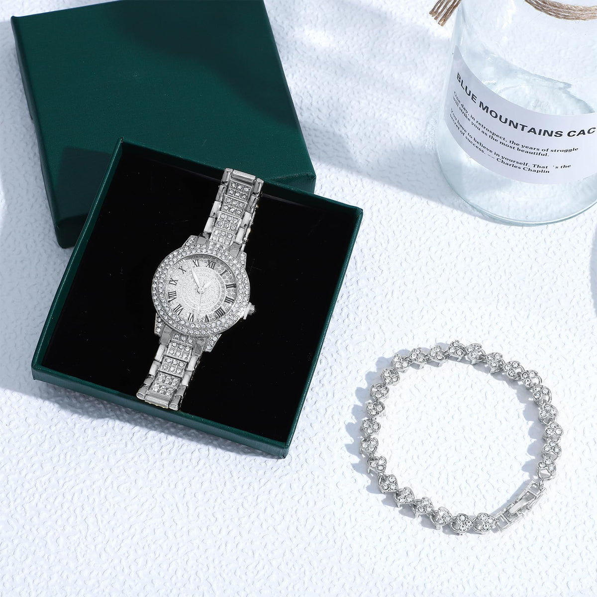 NEWITIN 2 Pieces Women Diamond Watch Bracelet Set Luxury Fashion Jewelry Cubic Zirconia Wristwatch Bracelet Gold Watch Jewelry Set for Women