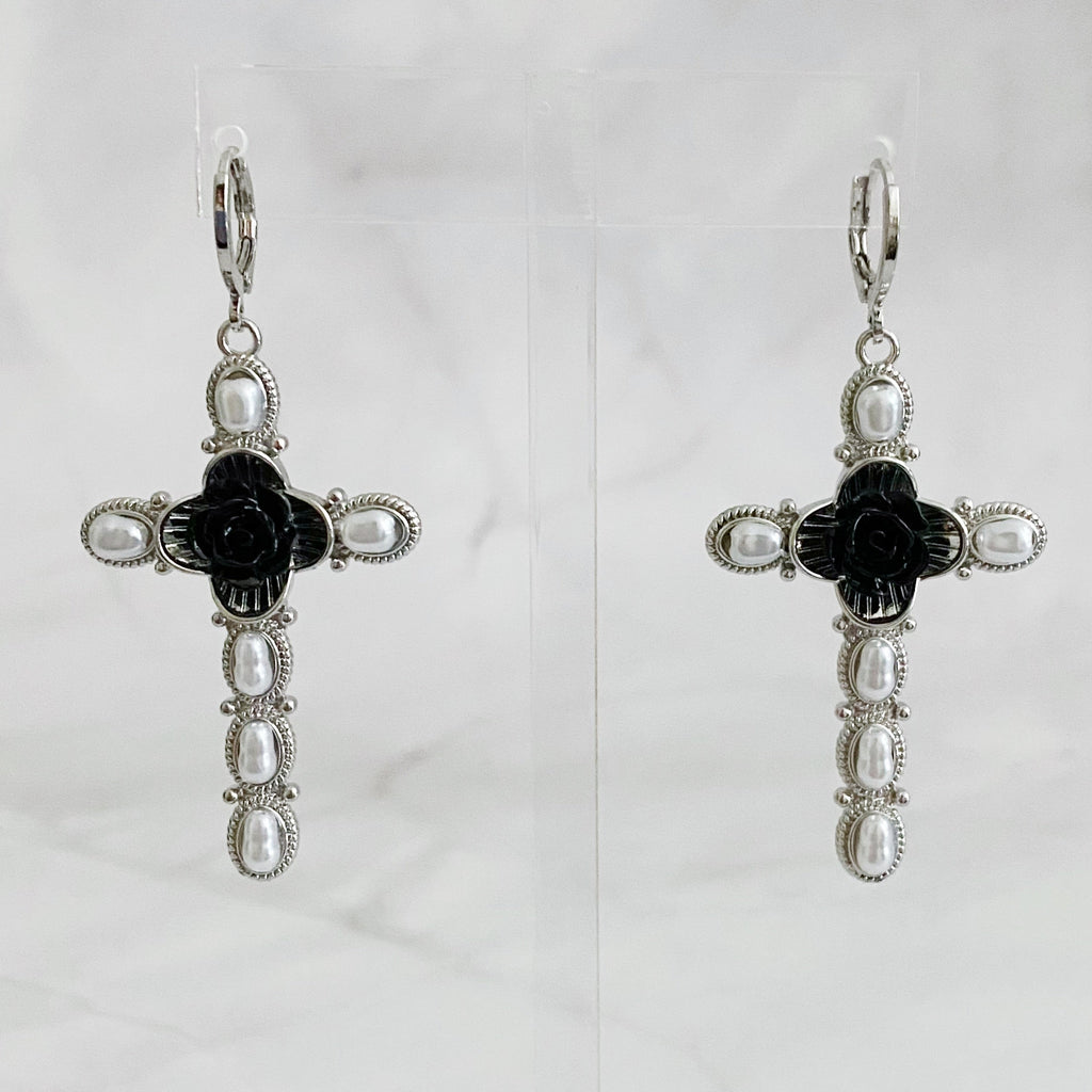 Black Rose Cross Earrings