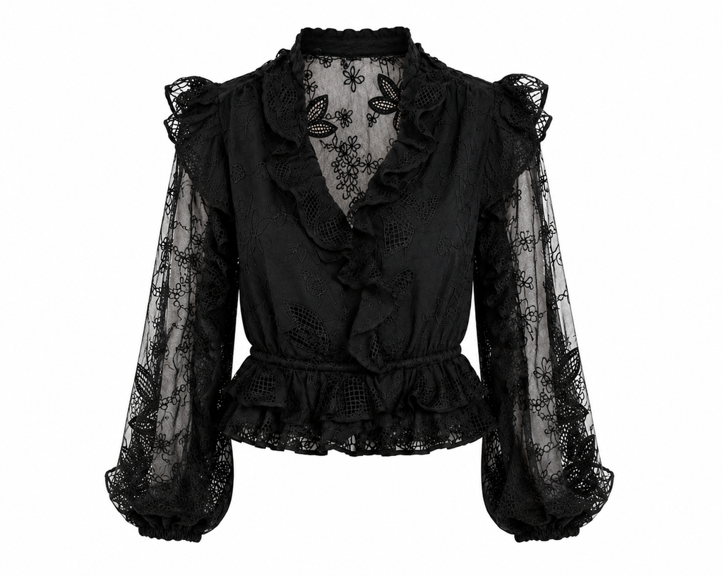 Frill Embroidered Blouse – Black (Final Sale)