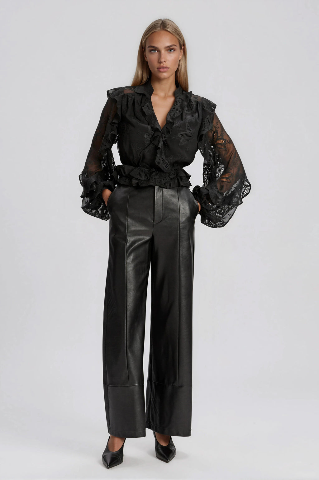 Frill Embroidered Blouse – Black (Final Sale)