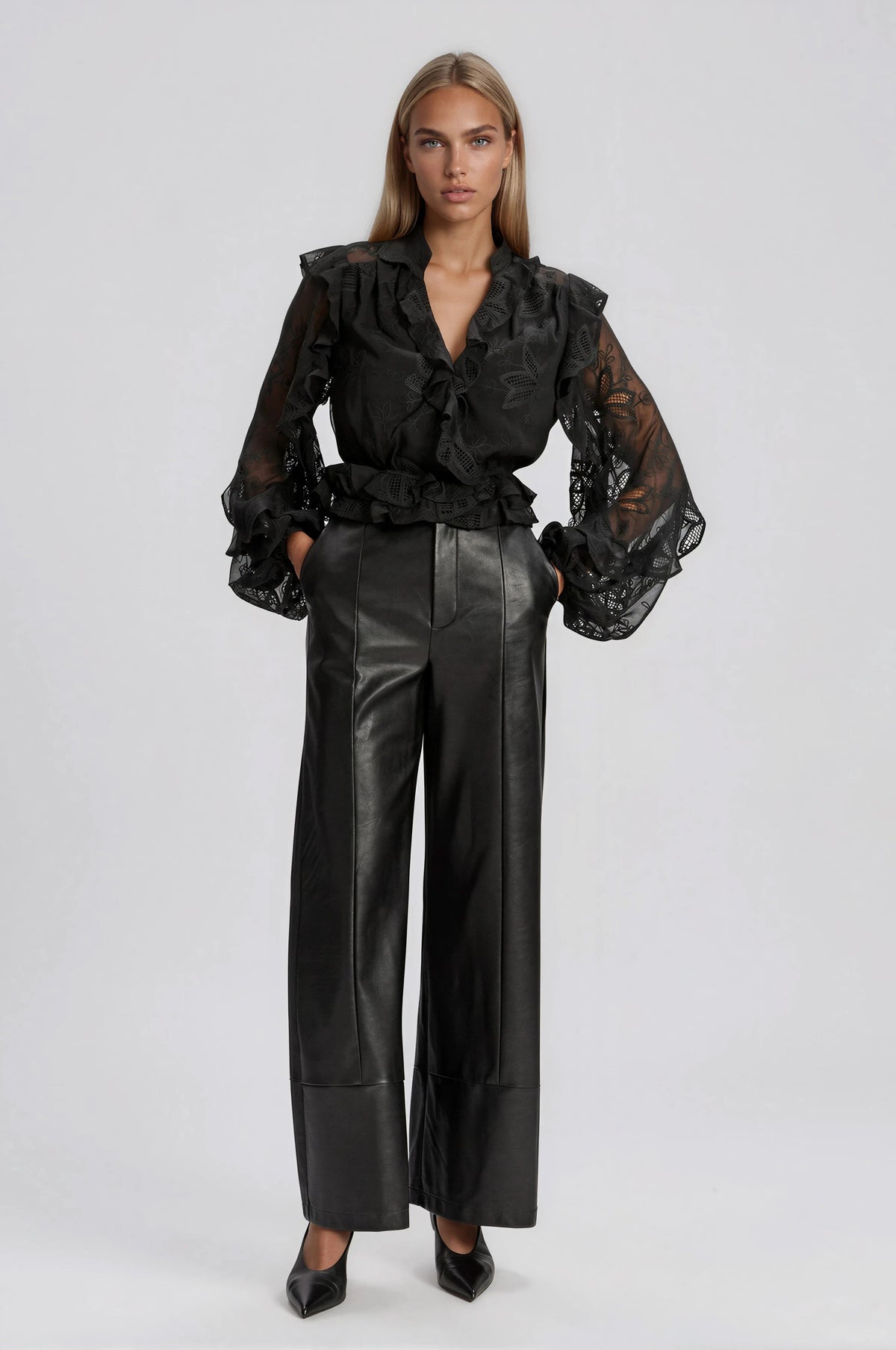 Frill Embroidered Blouse – Black (Final Sale)