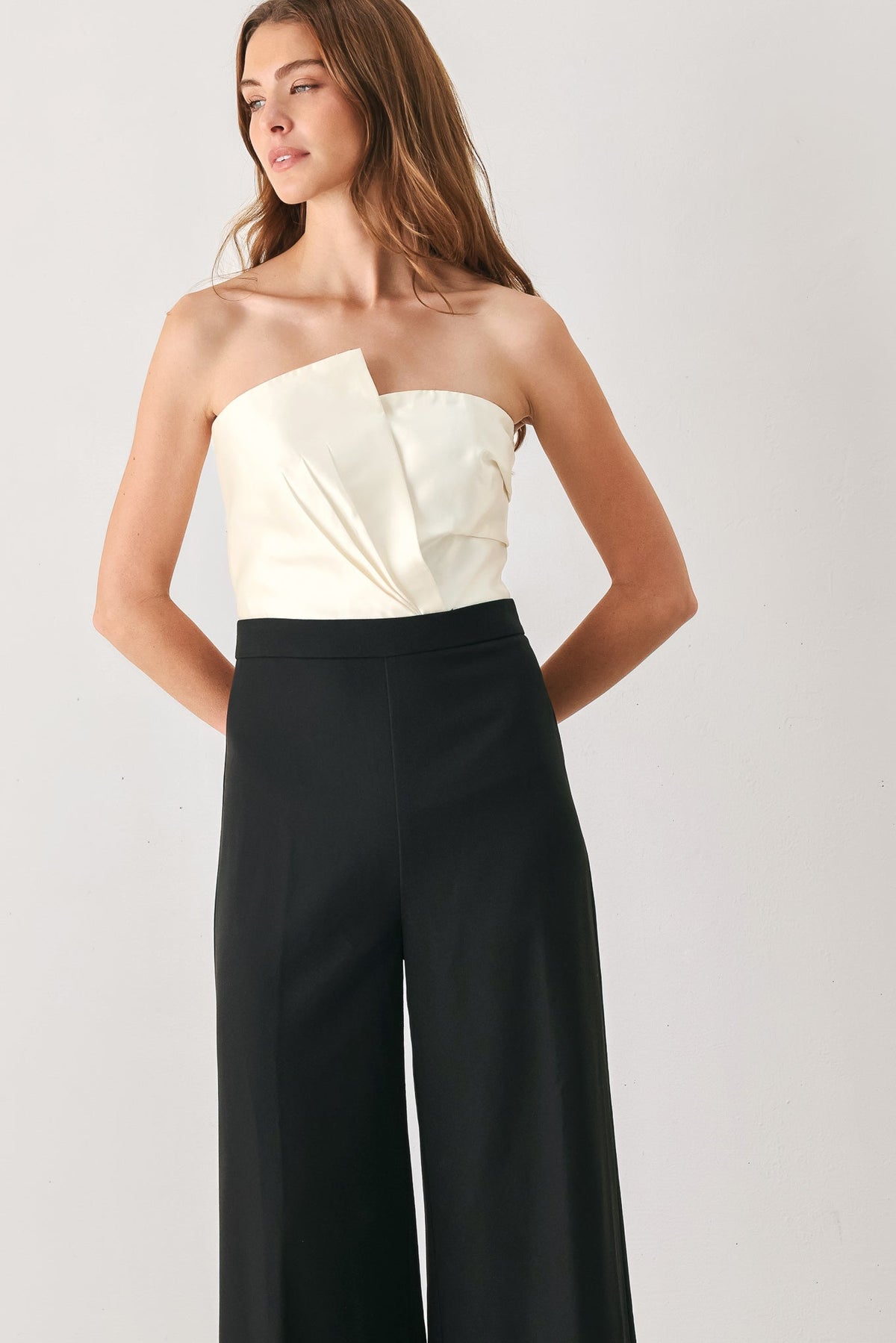 TUXEDO HOUR BLACK/CREAM STRAPLESS WIDE-LEG JUMPSUIT