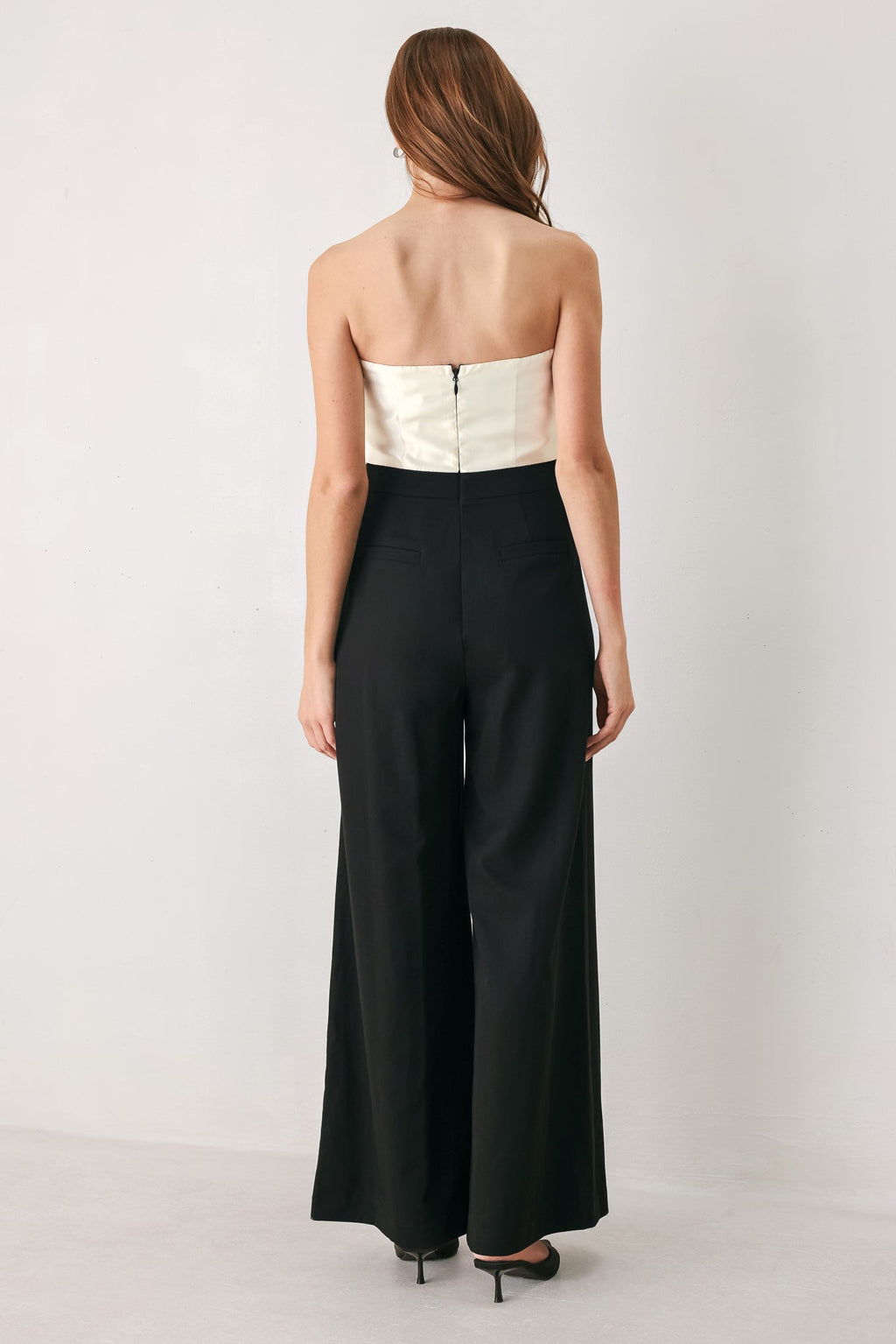 TUXEDO HOUR BLACK/CREAM STRAPLESS WIDE-LEG JUMPSUIT