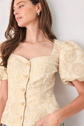 GOLDEN PORTRAIT GOLD TEXTURED PUFF-SLEEVE PEPLUM TOP