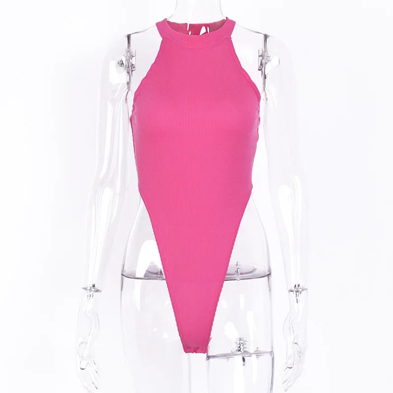 Sexy High Street Bodycon Neon Bodysuits Summer Colorful Sleevelss Backless Ftness Outfit Club Party Jumpsuit Combinaison Femme