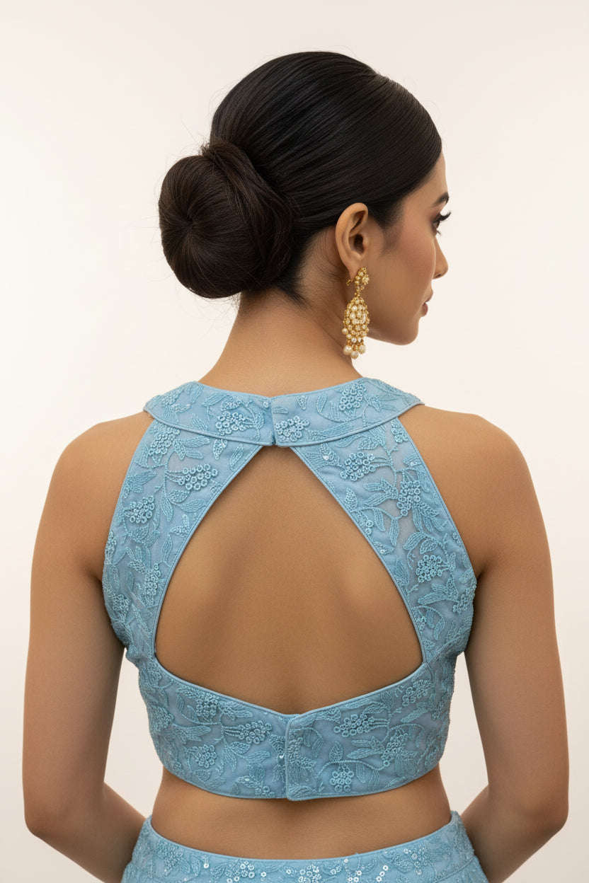 1916 - Ice Blue Lace Halter Neck Crop Top Blouse For Women