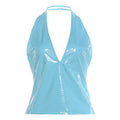 Summer Women Solid Color Sexy Sleeveless Halter Vest Faux Leather Slim Tops