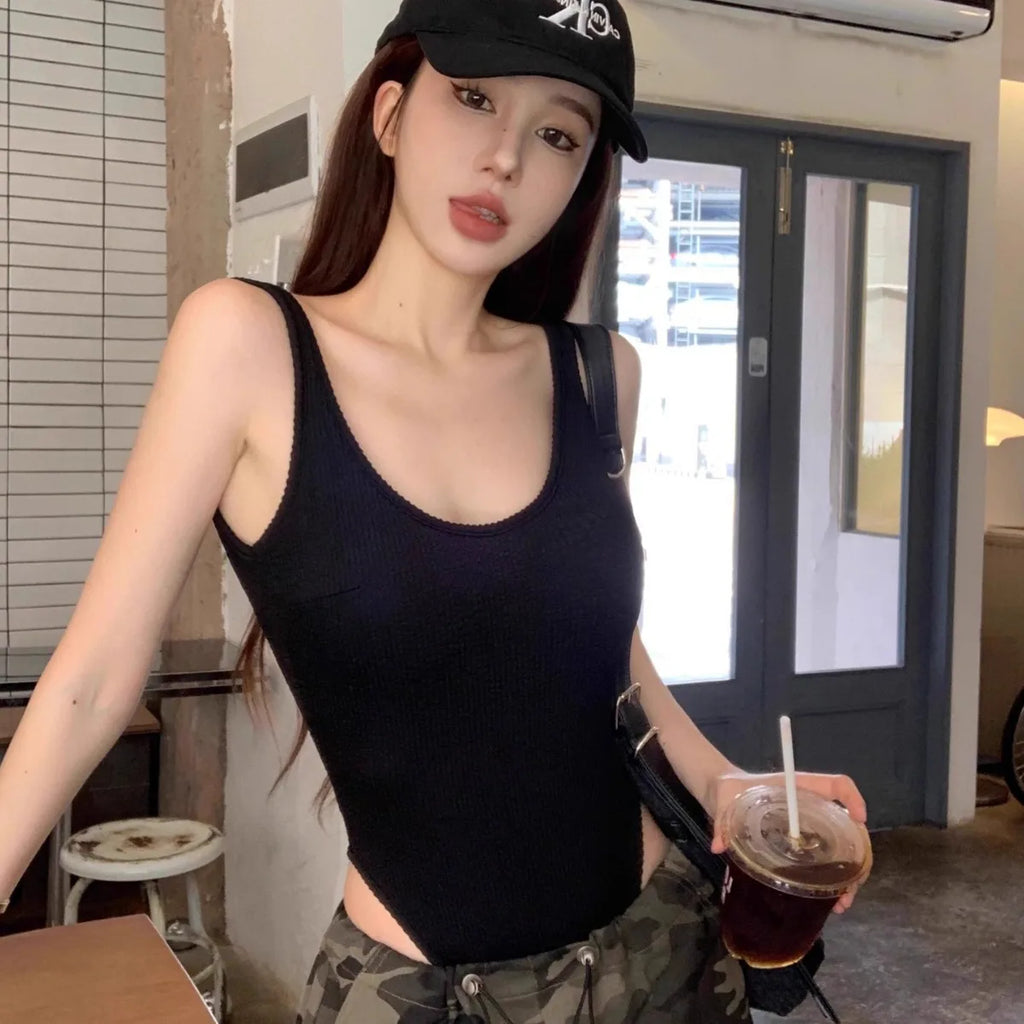Black Strappy Bodysuit Sexy Backless Ribbed Bodysuit Romper string femme sexy Sleeveless Tank Top gloved bodysuit Body Female