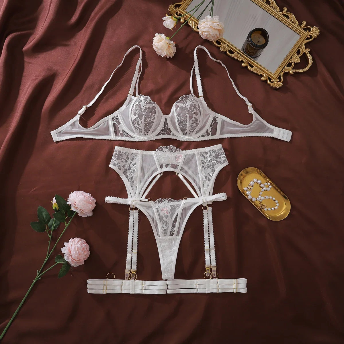 Ellolace Willowy Sexy Female Lingerie Intimate See Through Embroidered 3PC Set with Leg Circles Exclusive Erotic Miss Underwear