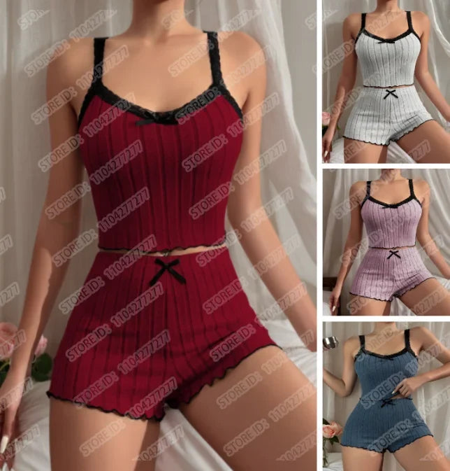 Women's Pajama Suit Suspender Sexy Butterfly Knot Strap Top Shorts Two Piece Set Comfortable Home Wear Spring Summer Sleepwear