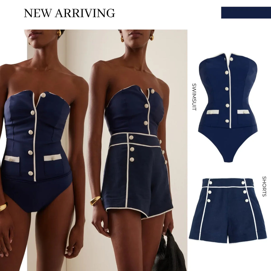 2025 Sexy Women's Swimsuit New Strapless Simple One-piece Swimwear with Shorts Two-piece Set Sliming Bodysuit Beachwear Monokini