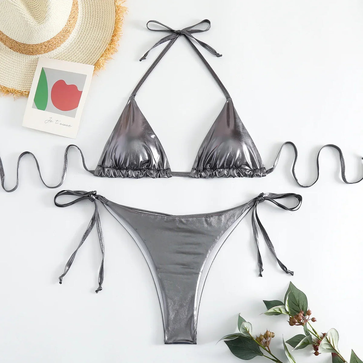 Sexy Metallic Halter Bikinis Sets Lace Up Triangle Tie Side Bikini 2026 Swimsuit Women Swimwear Brazilian Female Bathing Suits