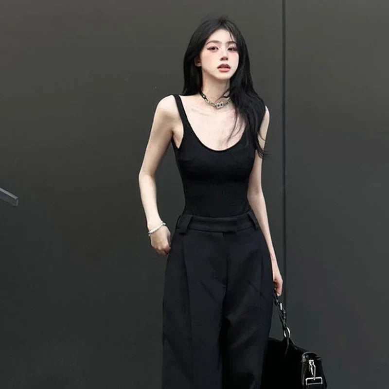 Black Strappy Bodysuit Sexy Backless Ribbed Bodysuit Romper string femme sexy Sleeveless Tank Top gloved bodysuit Body Female