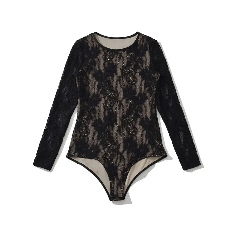 Women's Crew Neck Double Layer Long Sleeved Lace Bodysuit