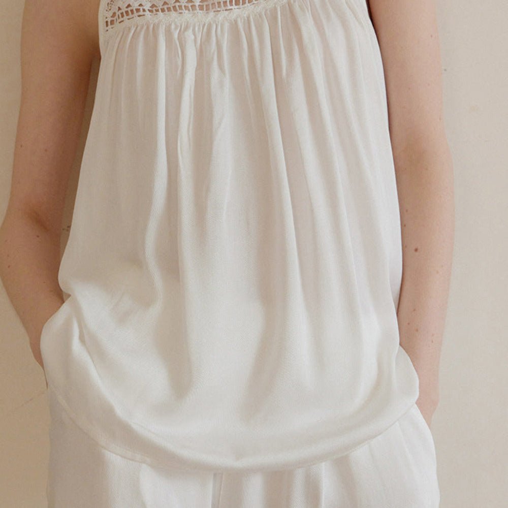 Amie Lace Collar Satin Lightweight Pajama Set / White