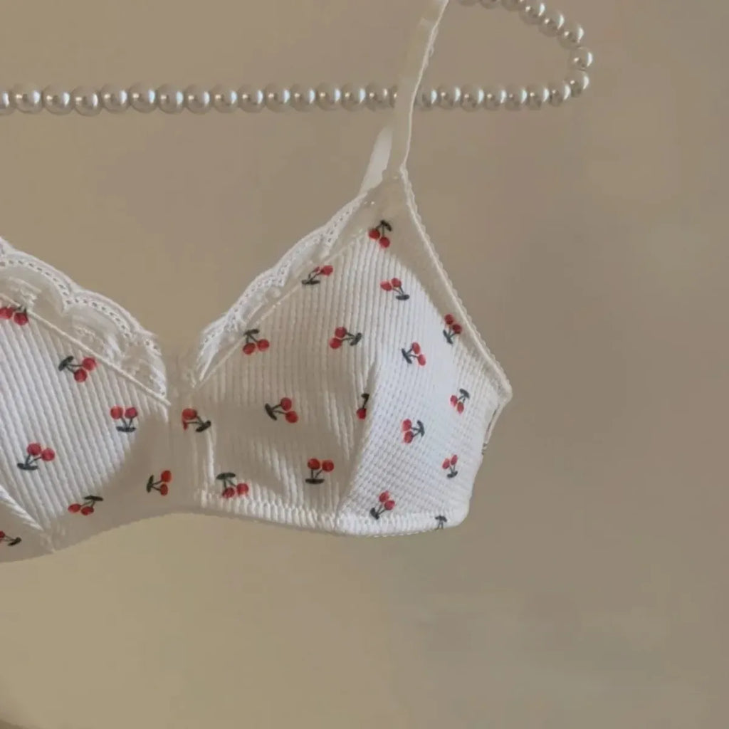 Cherry Print Lace Bra – Seamless Wire-Free Breathable Lingerie