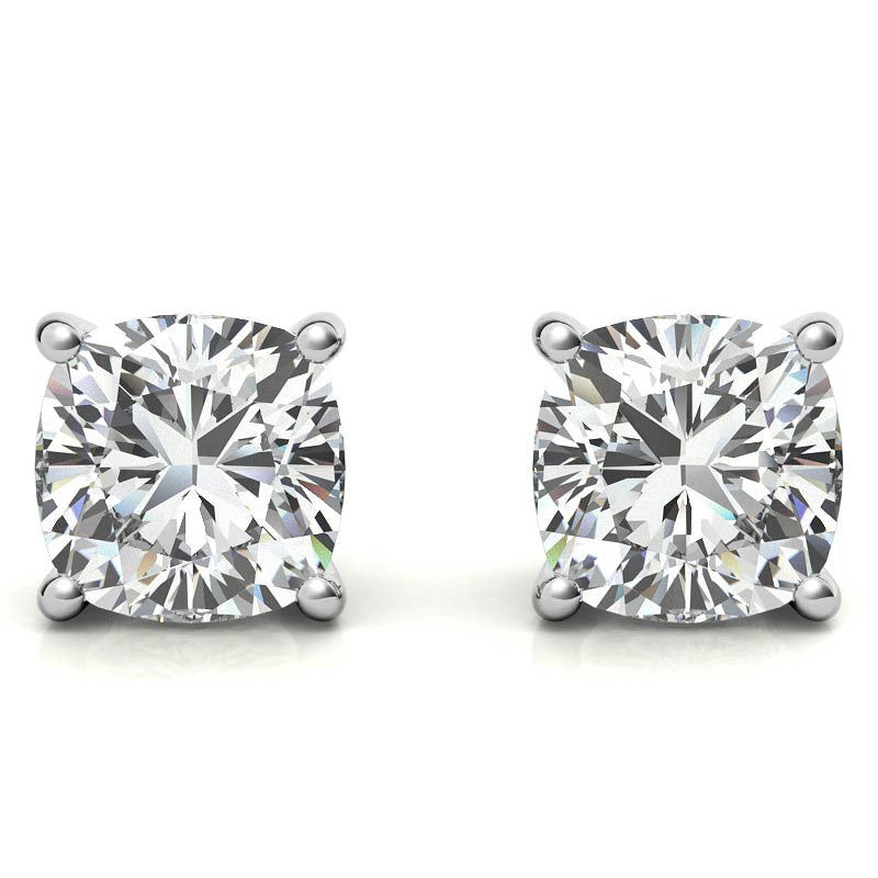 2.00 CTW Cushion Cut Created White Sapphire Stud Earrings in 14K White Gold Overlay – 6mm