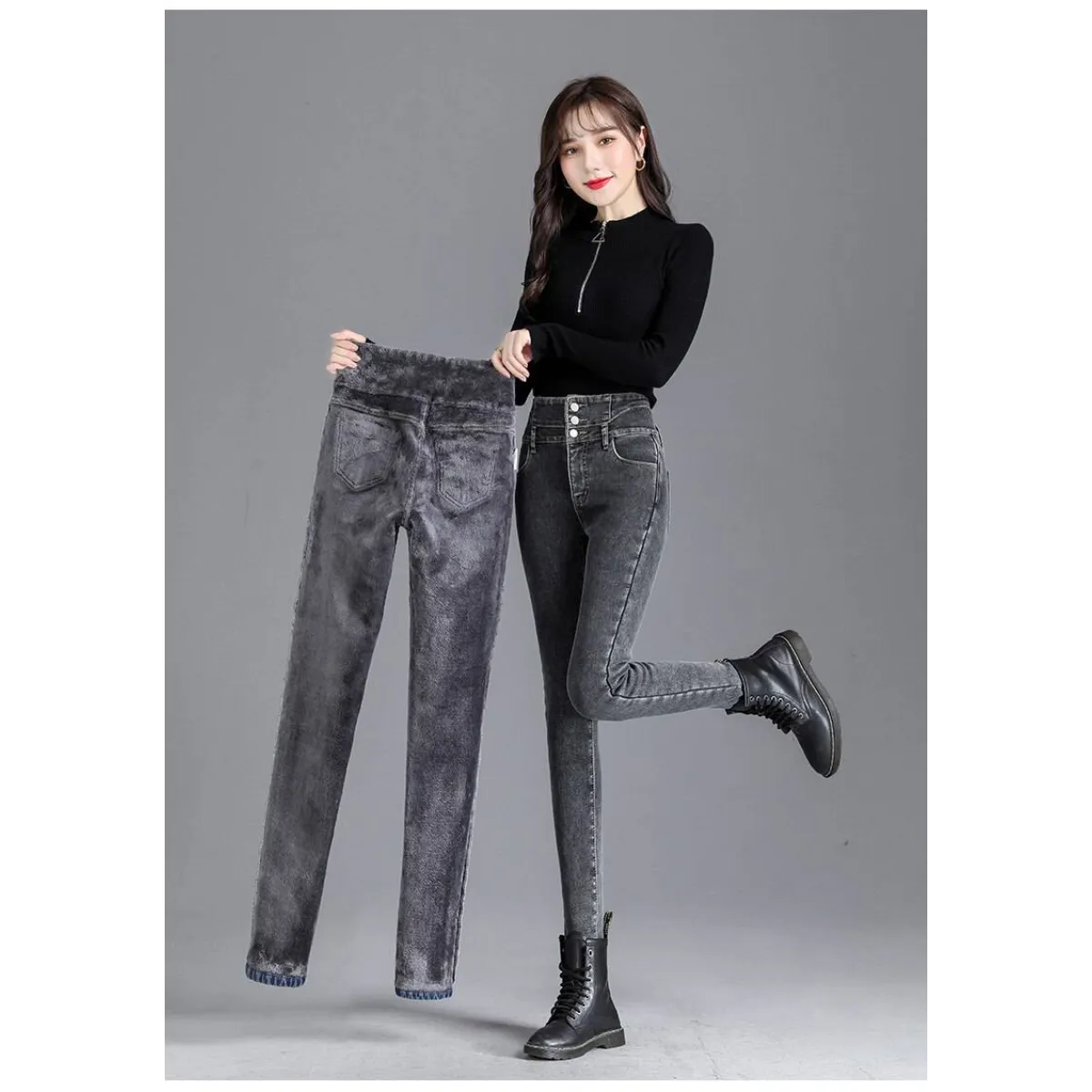 Thick Fleece High-waist Skinny Jeans
