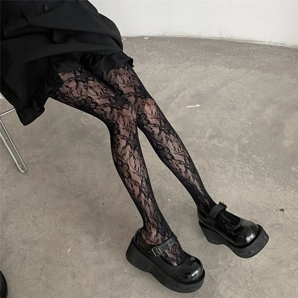 Floral Mesh Harajuku Tights – Embroidered Fishnet Pantyhose