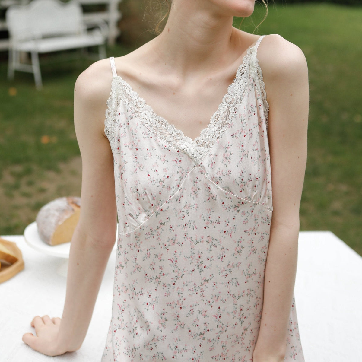 Fresh Floral Nightgown Pajama Dress / White