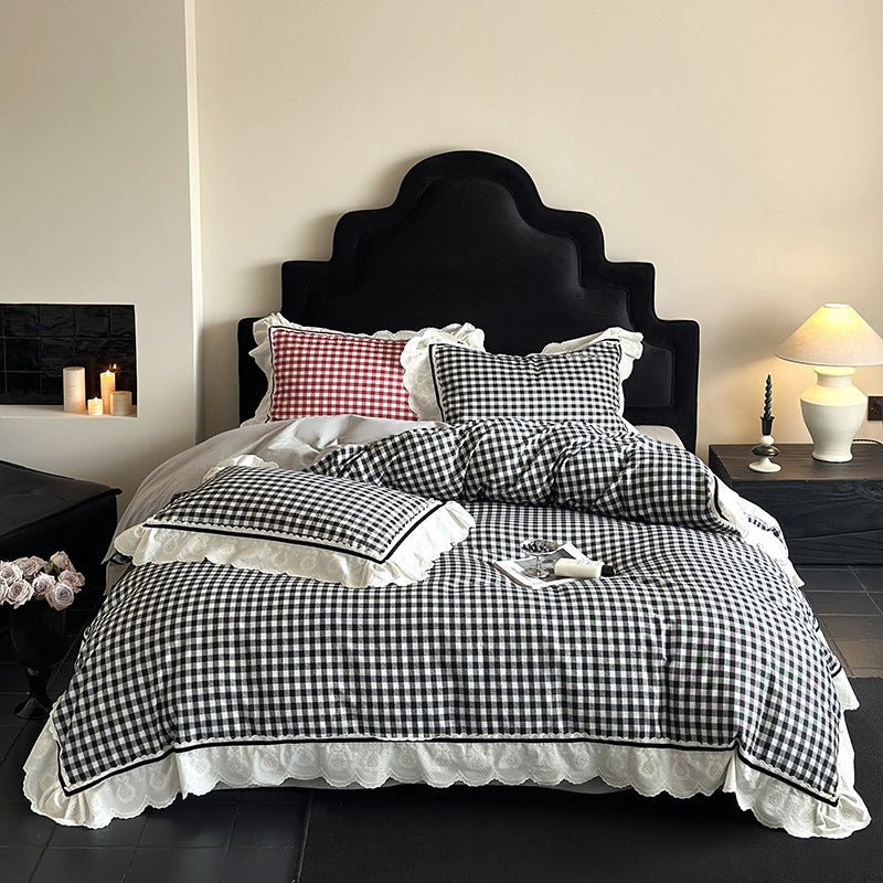Hazel Vintage Gingham Ruffle Bedding Set / Black