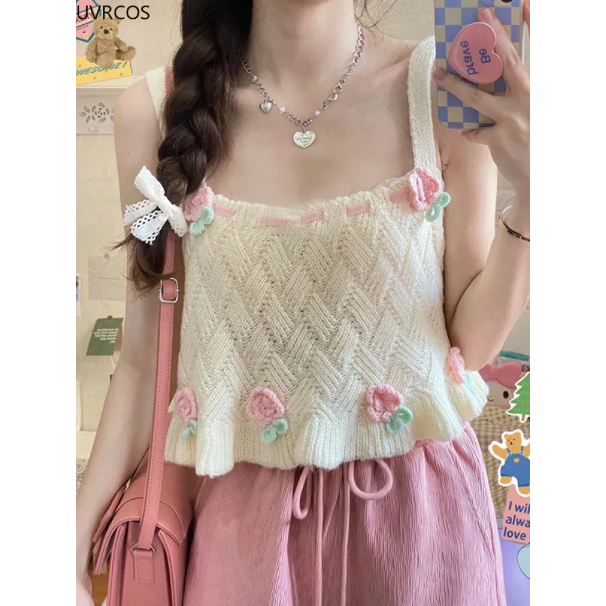 Chic Japanese Kawaii Flower Embroidery Knit Tank Top
