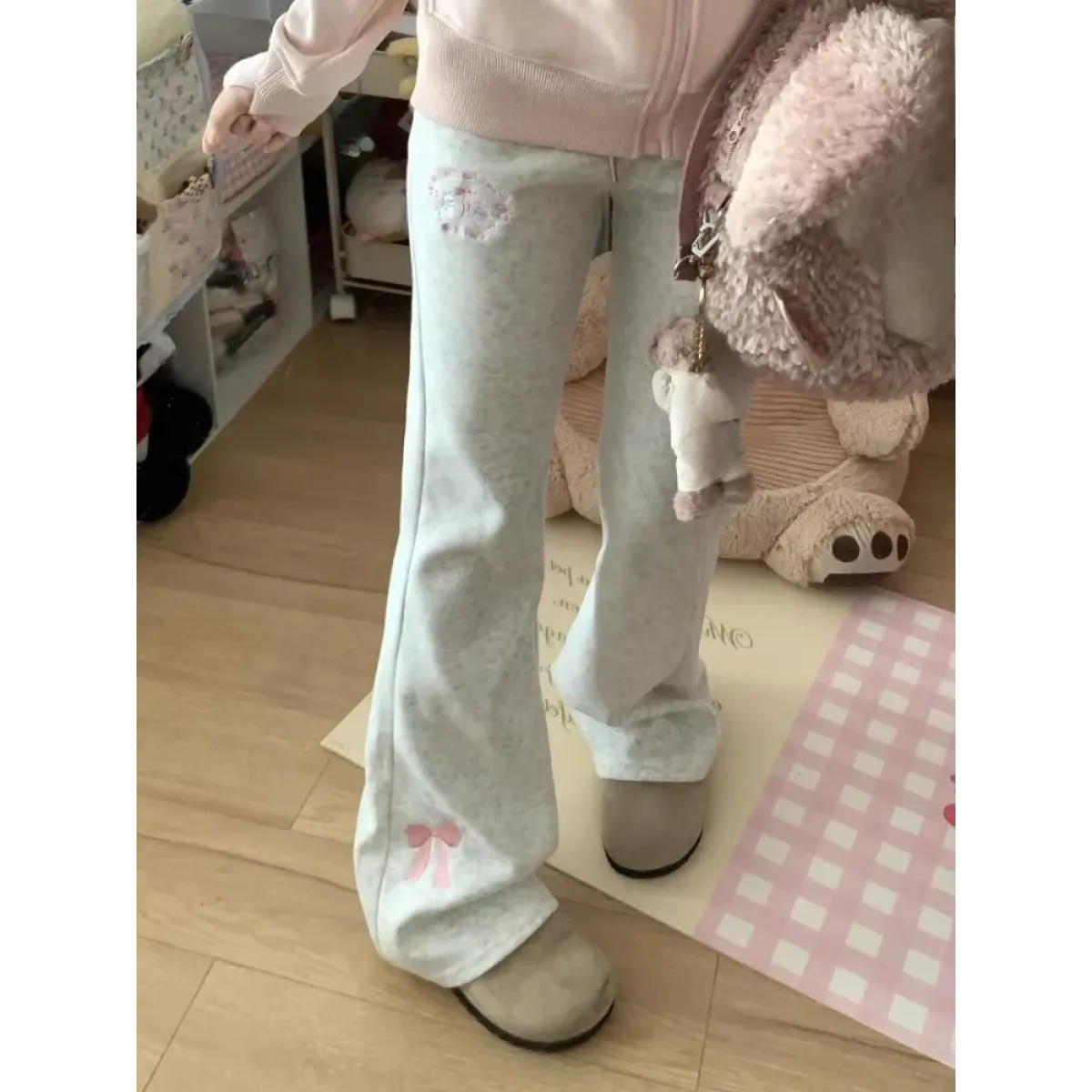 Flare Sweatpants – Kawaii High Waist Embroidered Trousers