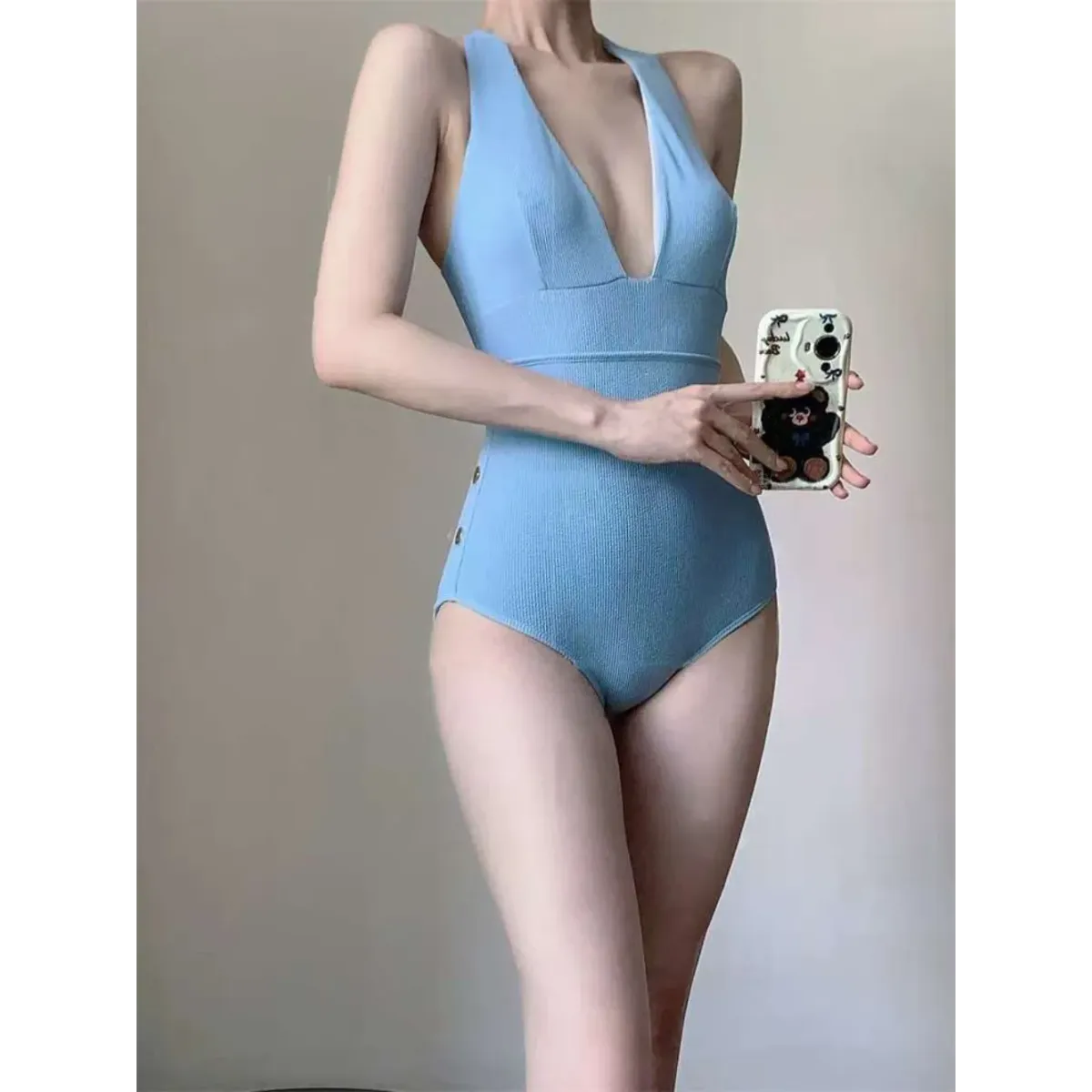Ribbed Deep V One-Piece Swimsuit – Korean Beach Bodysuit