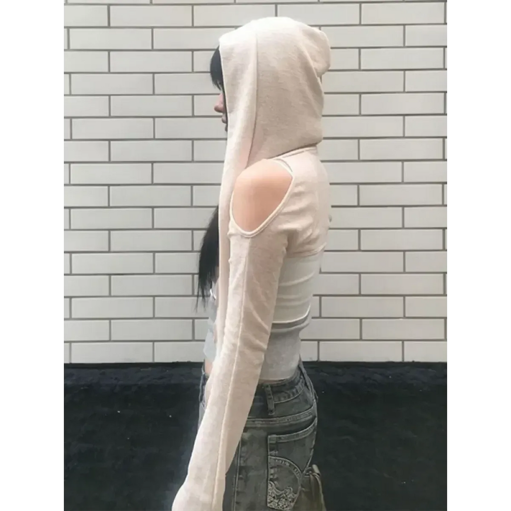 Modern Mystic Hooded Top – Edgy Cutout Sleeves Pullover