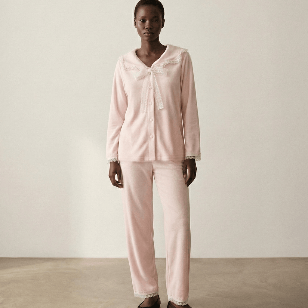 Rosy Velvet Coquette Lace Pajama Set / Pink