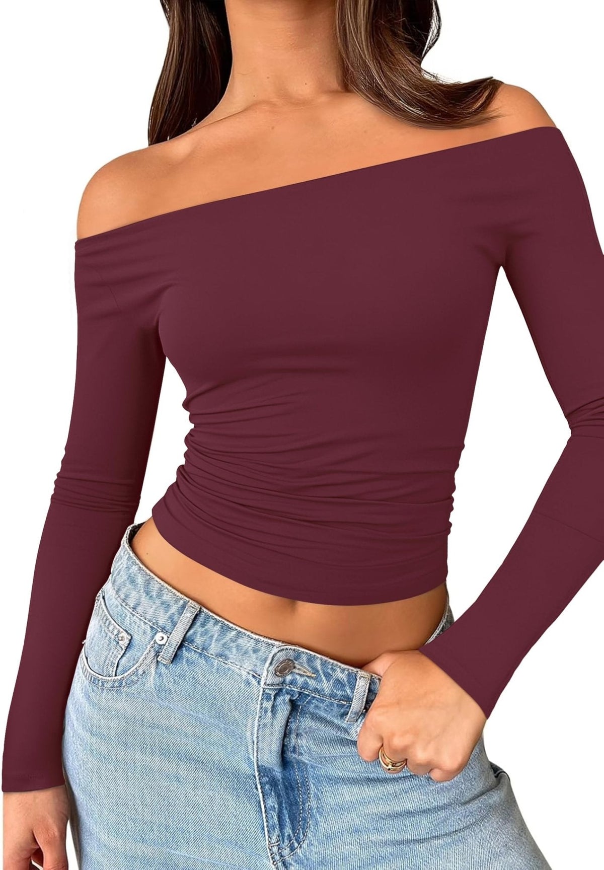Womens Off The Shoulder Tops Long Sleeve Going Out Basic Shirts Cute Y2K Fall Trendy Fashion 2025