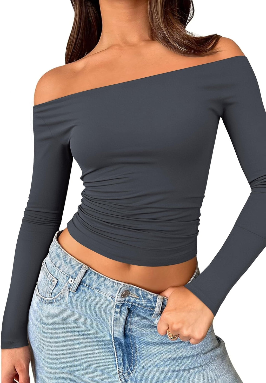 Womens Off The Shoulder Tops Long Sleeve Going Out Basic Shirts Cute Y2K Fall Trendy Fashion 2025