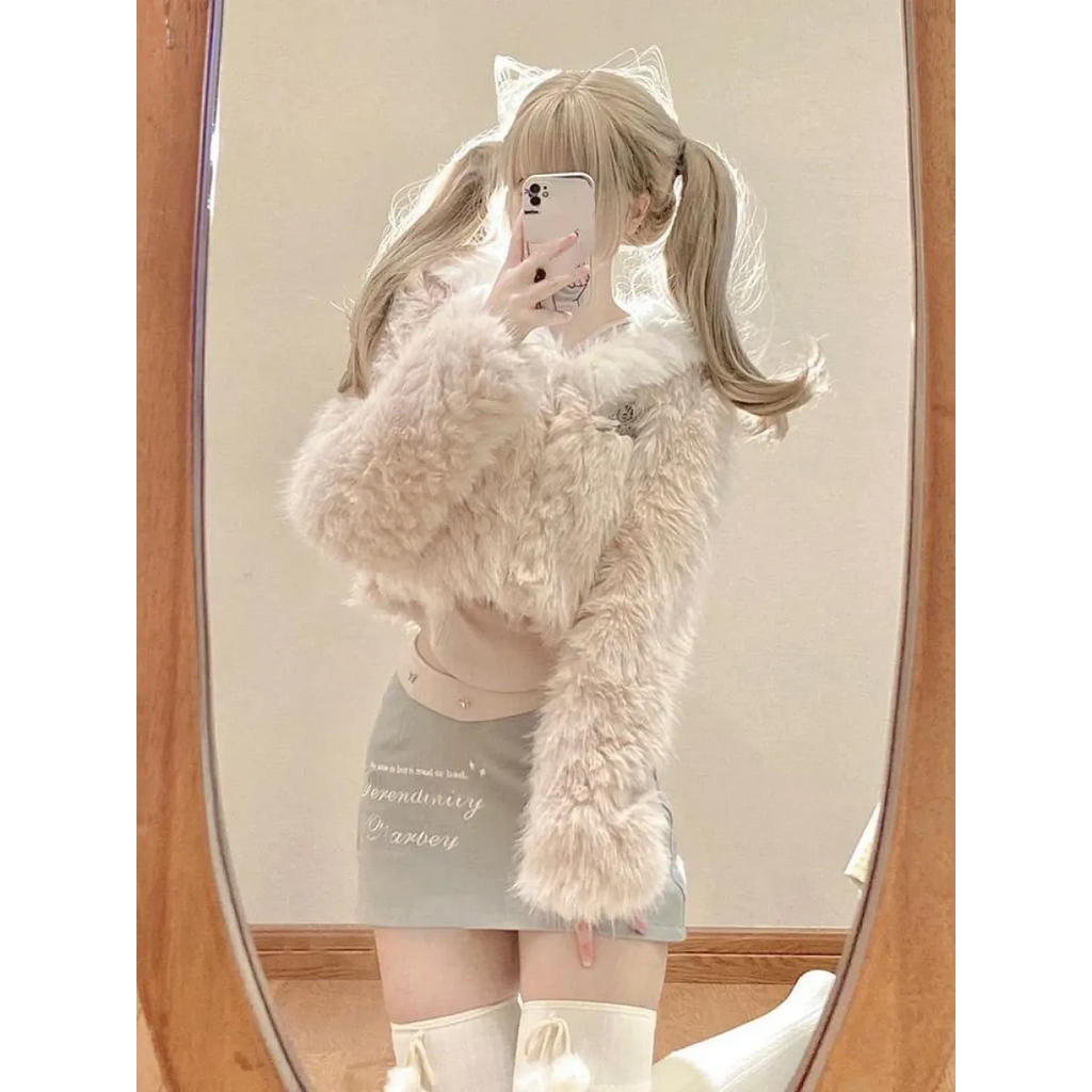 Kawaii Faux Fur Coat & Mini Skirt Set – Y2K Harajuku Outfit