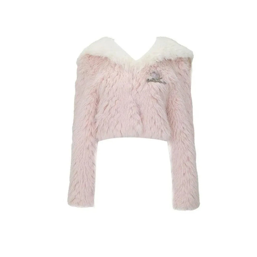 Kawaii Faux Fur Coat & Mini Skirt Set – Y2K Harajuku Outfit